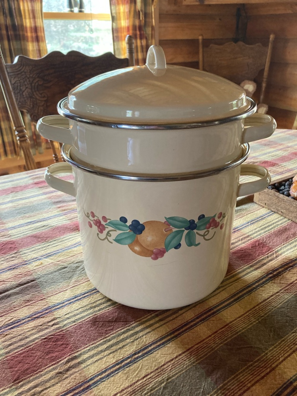 vintage enamelware double boiler steamer with lid painted on both sides 3 pieces